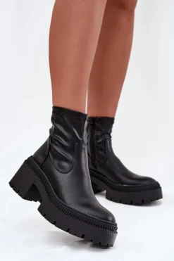 Botki Damskie Na Masywnym Obcasie I Platformie Eko Skórzane Czarne Elvianne