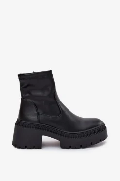 Botki Damskie Na Masywnym Obcasie I Platformie Eko Skórzane Czarne Elvianne