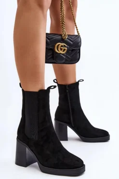 Botki Damskie Na Masywnym Obcasie Zamsz Czarne Piovere