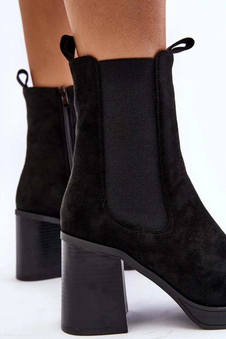 Botki Damskie Na Masywnym Obcasie Zamsz Czarne Piovere