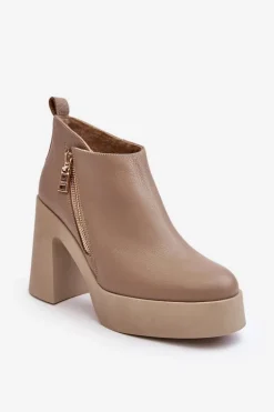 Botki Damskie Na Masywnym Słupku Z Suwakiem 1755 Zazoo Beżowe