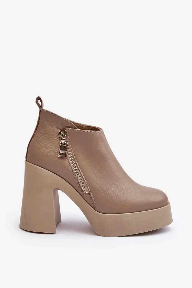 Botki Damskie Na Masywnym Słupku Z Suwakiem 1755 Zazoo Beżowe