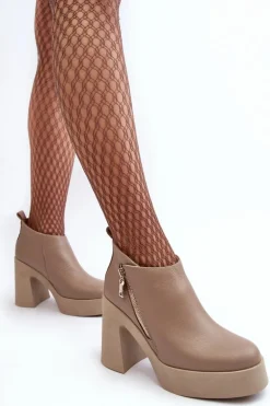 Botki Damskie Na Masywnym Słupku Z Suwakiem 1755 Zazoo Beżowe