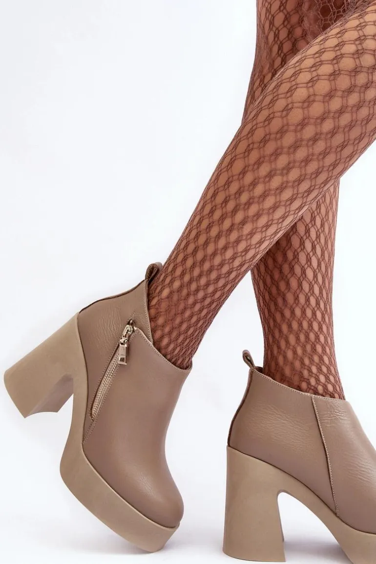 Botki Damskie Na Masywnym Słupku Z Suwakiem 1755 Zazoo Beżowe