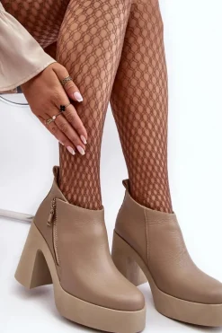 Botki Damskie Na Masywnym Słupku Z Suwakiem 1755 Zazoo Beżowe