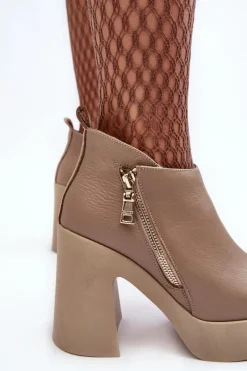 Botki Damskie Na Masywnym Słupku Z Suwakiem 1755 Zazoo Beżowe