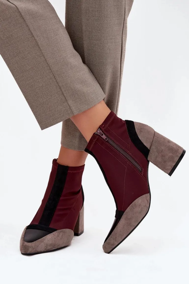 Botki Damskie Na Masywnym Słupku Na Zamek Bordowe Delvane