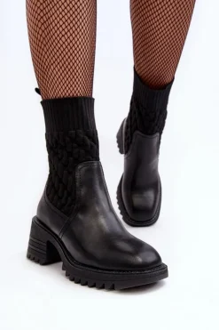 Botki Damskie Na Masywnym Obcasie Ze Skarpetą Czarne Briogen