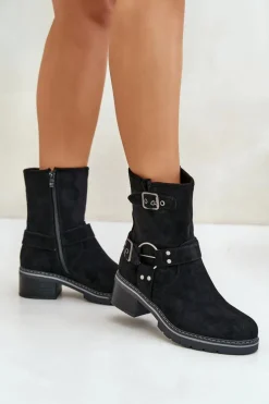 Botki Damskie Na Niskim Obcasie Z Klamrami Czarne Zudra