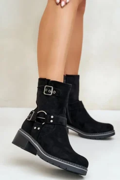 Botki Damskie Na Niskim Obcasie Z Klamrami Czarne Zudra