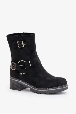 Botki Damskie Na Niskim Obcasie Z Klamrami Czarne Zudra