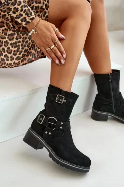 Botki Damskie Na Niskim Obcasie Z Klamrami Czarne Zudra