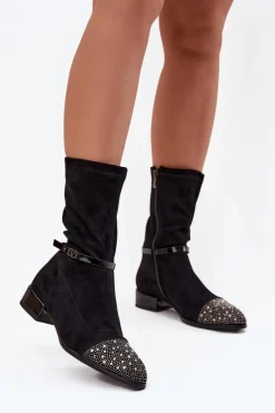 Botki Damskie Na Niskim Obcasie Ze Zdobieniem I Paskiem D&A MR52-165 Czarne