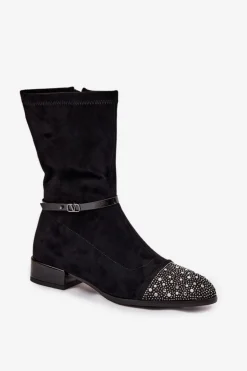 Botki Damskie Na Niskim Obcasie Ze Zdobieniem I Paskiem D&A MR52-165 Czarne