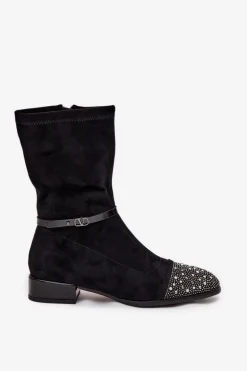 Botki Damskie Na Niskim Obcasie Ze Zdobieniem I Paskiem D&A MR52-165 Czarne