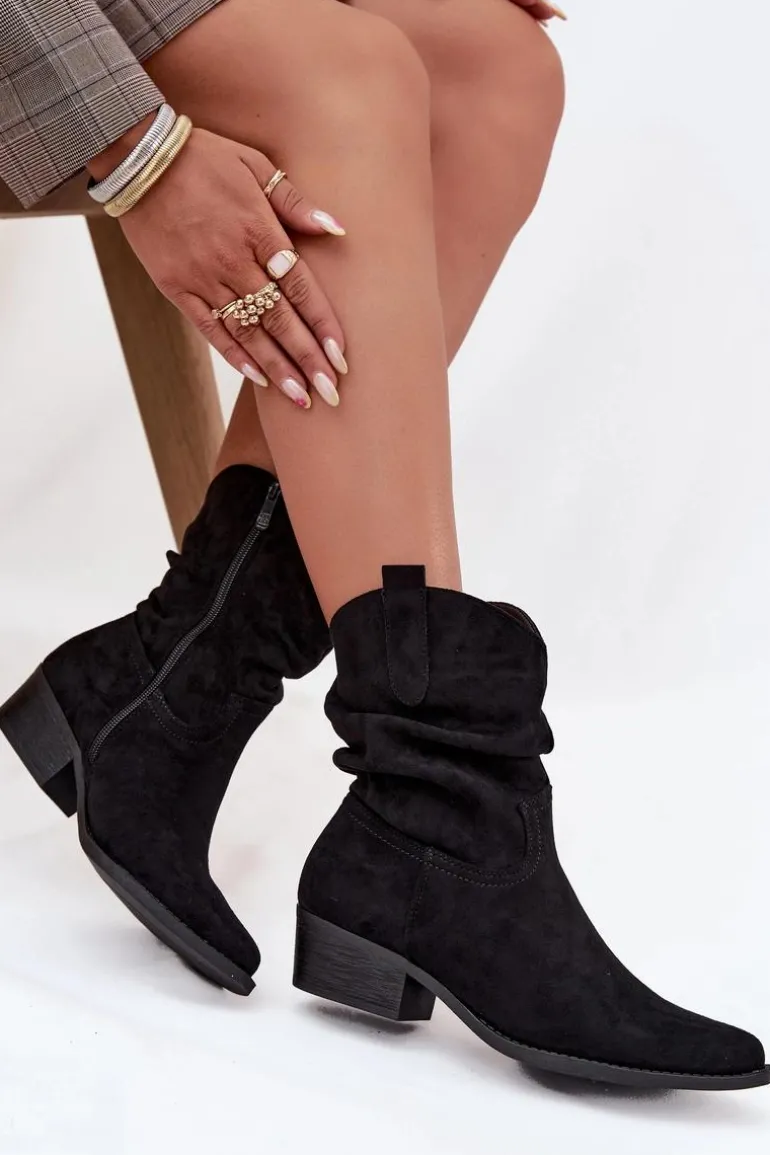 Botki Damskie Na Niskim Obcasie Z Marszczeniem Czarne Adena