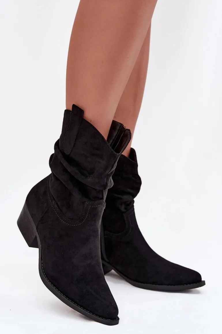 Botki Damskie Na Niskim Obcasie Z Marszczeniem Czarne Adena