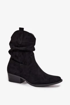 Botki Damskie Na Niskim Obcasie Z Marszczeniem Czarne Adena