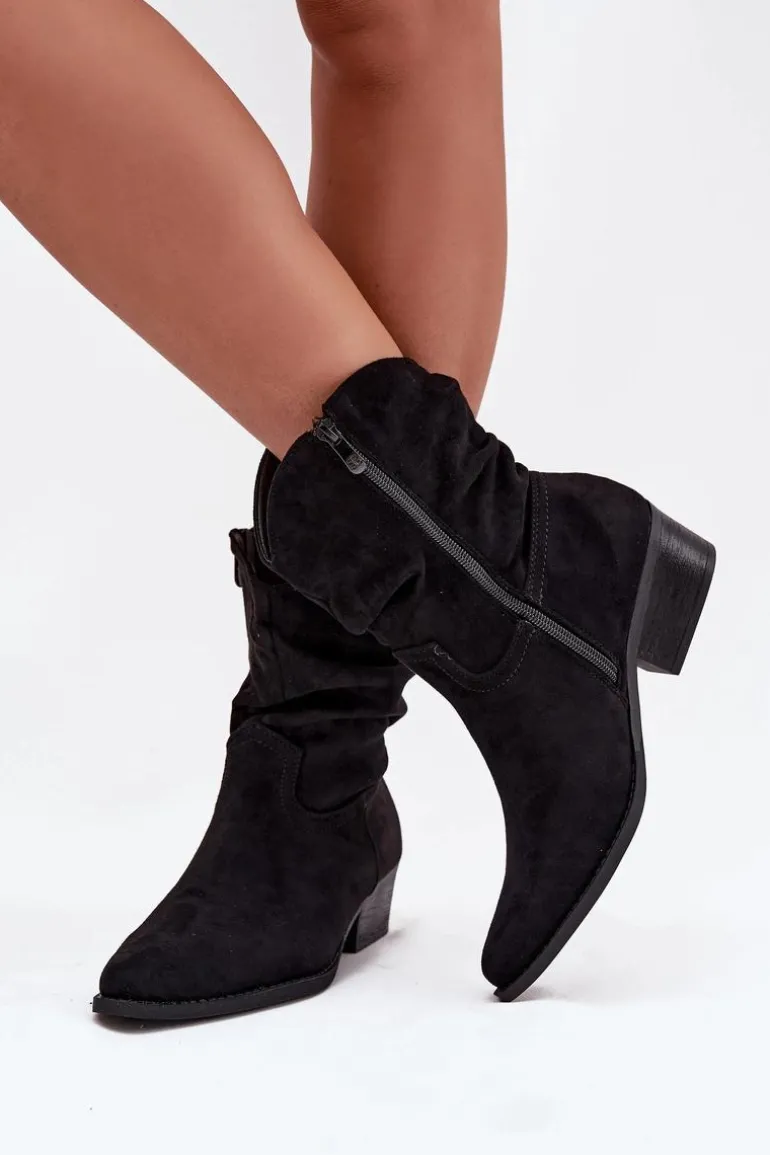 Botki Damskie Na Niskim Obcasie Z Marszczeniem Czarne Adena