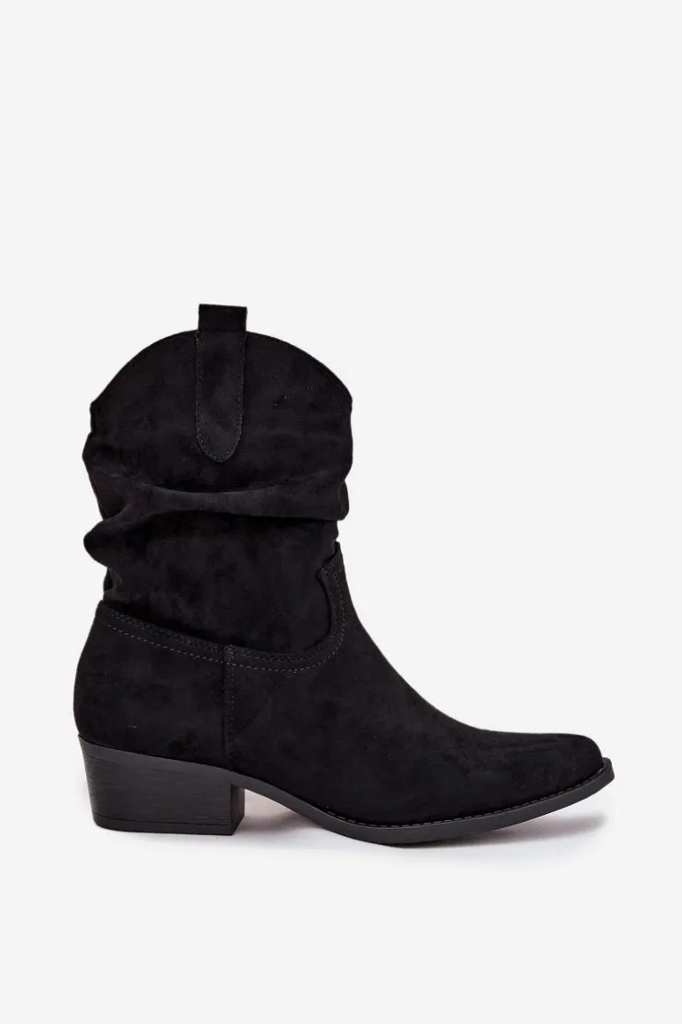 Botki Damskie Na Niskim Obcasie Z Marszczeniem Czarne Adena