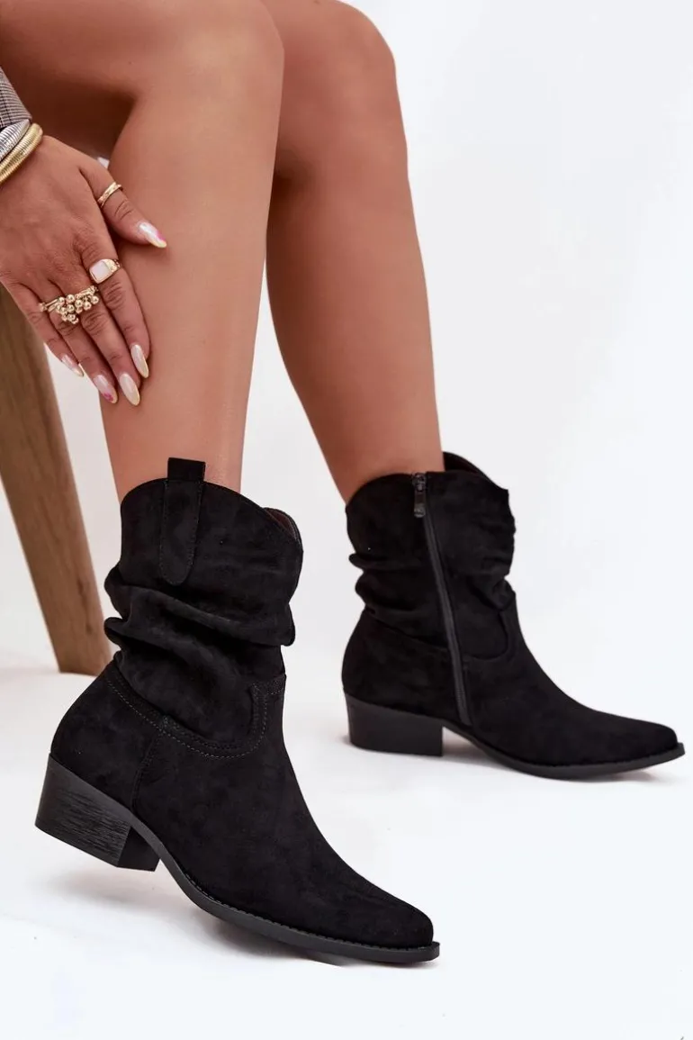 Botki Damskie Na Niskim Obcasie Z Marszczeniem Czarne Adena