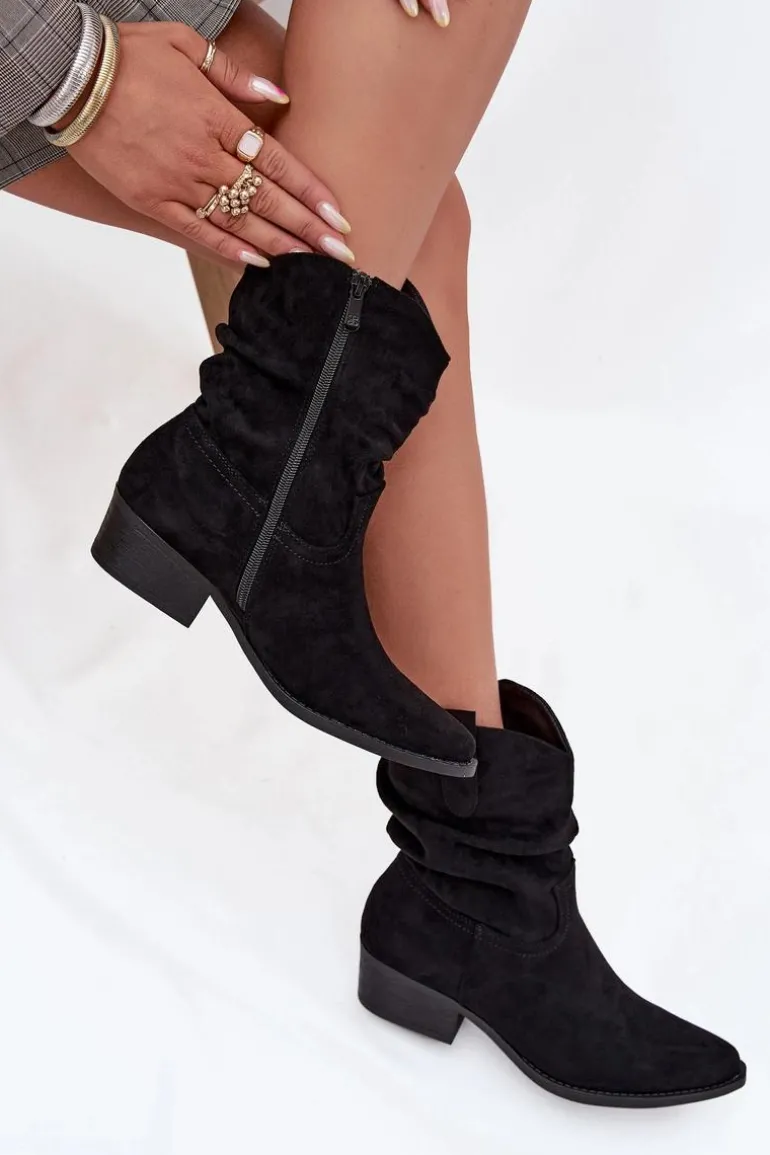 Botki Damskie Na Niskim Obcasie Z Marszczeniem Czarne Adena