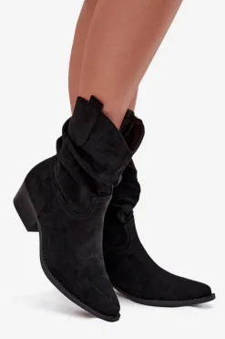 Botki Damskie Na Niskim Obcasie Z Marszczeniem Czarne Adena