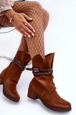 Botki Damskie Na Niskim Obcasie Z Paskami Camel Thelereia