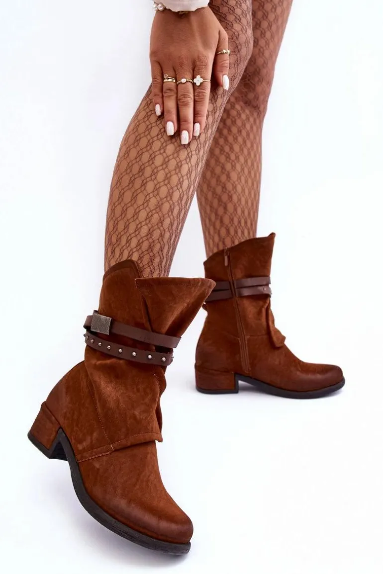 Botki Damskie Na Niskim Obcasie Z Paskami Camel Thelereia