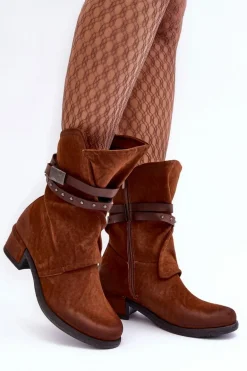 Botki Damskie Na Niskim Obcasie Z Paskami Camel Thelereia