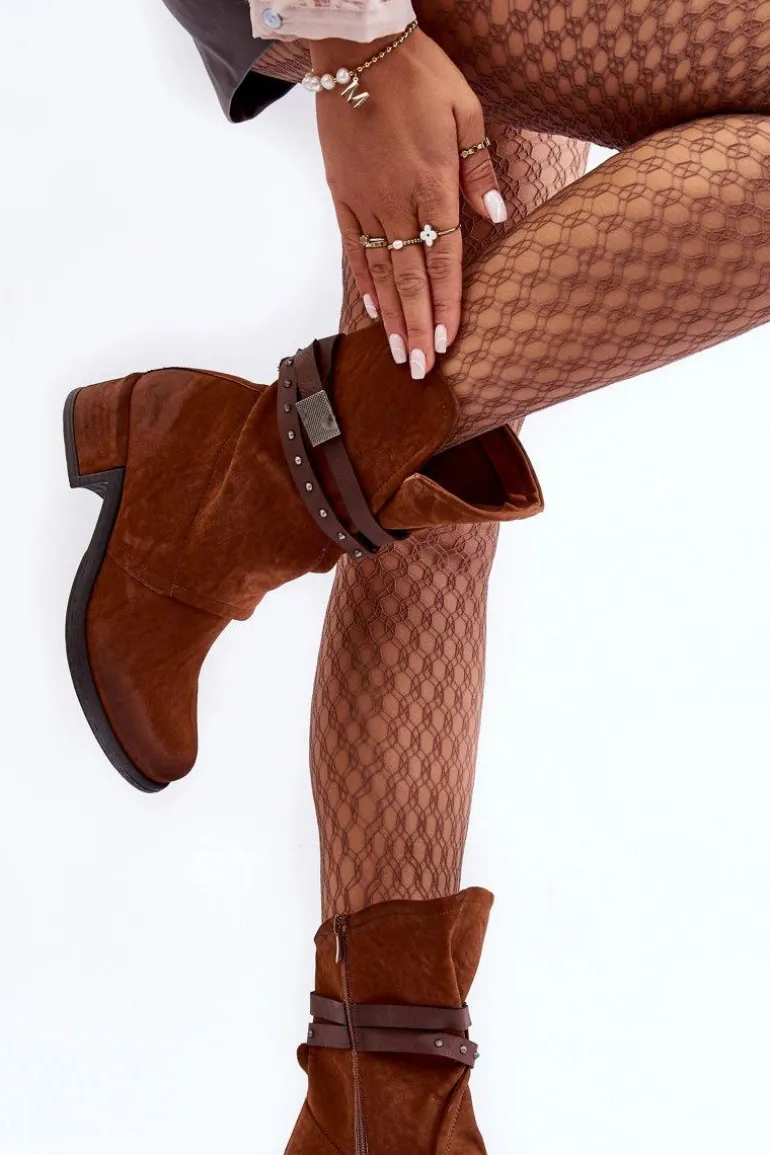 Botki Damskie Na Niskim Obcasie Z Paskami Camel Thelereia