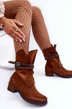 Botki Damskie Na Niskim Obcasie Z Paskami Camel Thelereia
