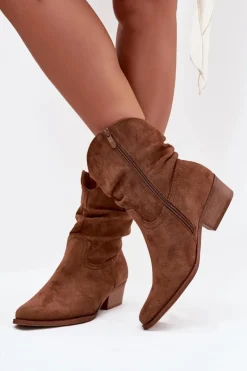 Botki Damskie Na Niskim Obcasie Z Marszczeniem Camel Adena