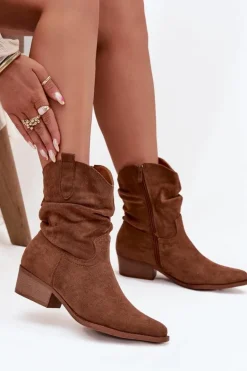 Botki Damskie Na Niskim Obcasie Z Marszczeniem Camel Adena