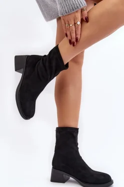 Botki Damskie Na Niskim Obcasie Czarne Aphroteia - Zamsz