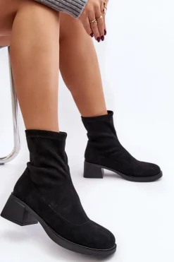 Botki Damskie Na Niskim Obcasie Czarne Aphroteia - Zamsz