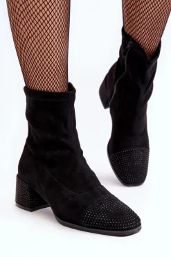 Botki Damskie Na Niskim Obcasie Ze Zdobieniem Czarne Vissias