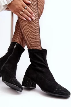 Botki Damskie Na Niskim Obcasie Ze Zdobieniem Czarne Vissias