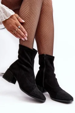 Botki Damskie Na Niskim Obcasie Ze Zdobieniem Czarne Vissias