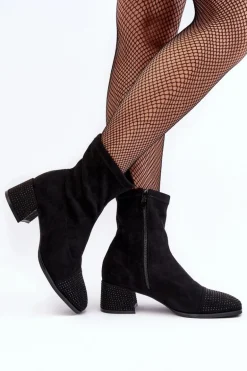 Botki Damskie Na Niskim Obcasie Ze Zdobieniem Czarne Vissias