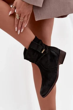 Botki Damskie Na Niskim Obcasie Z Marszczeniem Ocieplane Czarne Gracia