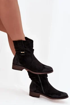 Botki Damskie Na Niskim Obcasie Z Marszczeniem Ocieplane Czarne Gracia