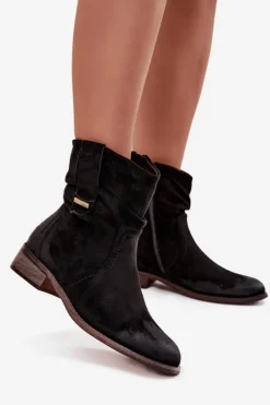 Botki Damskie Na Niskim Obcasie Z Marszczeniem Ocieplane Czarne Gracia