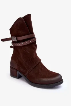 Botki Damskie Na Niskim Obcasie Z Paskami Brązowe Thelereia