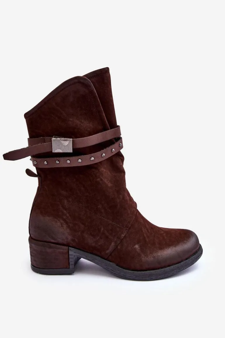 Botki Damskie Na Niskim Obcasie Z Paskami Brązowe Thelereia