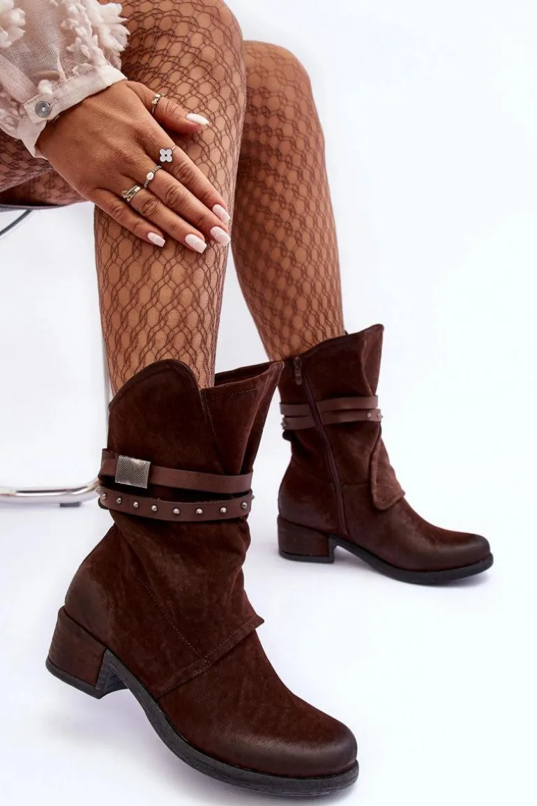 Botki Damskie Na Niskim Obcasie Z Paskami Brązowe Thelereia