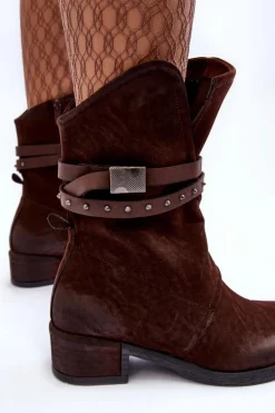 Botki Damskie Na Niskim Obcasie Z Paskami Brązowe Thelereia