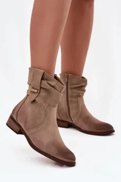Botki Damskie Na Niskim Obcasie Z Marszczeniem Ocieplane Khaki Gracia