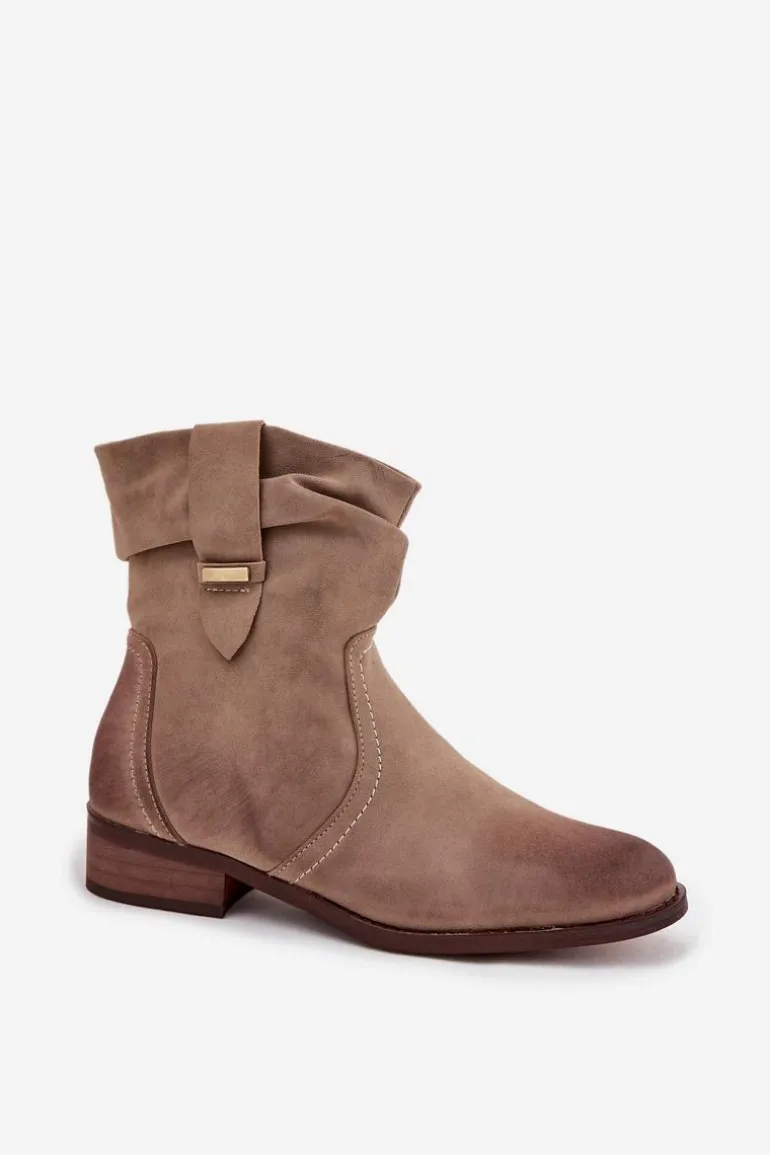 Botki Damskie Na Niskim Obcasie Z Marszczeniem Ocieplane Khaki Gracia