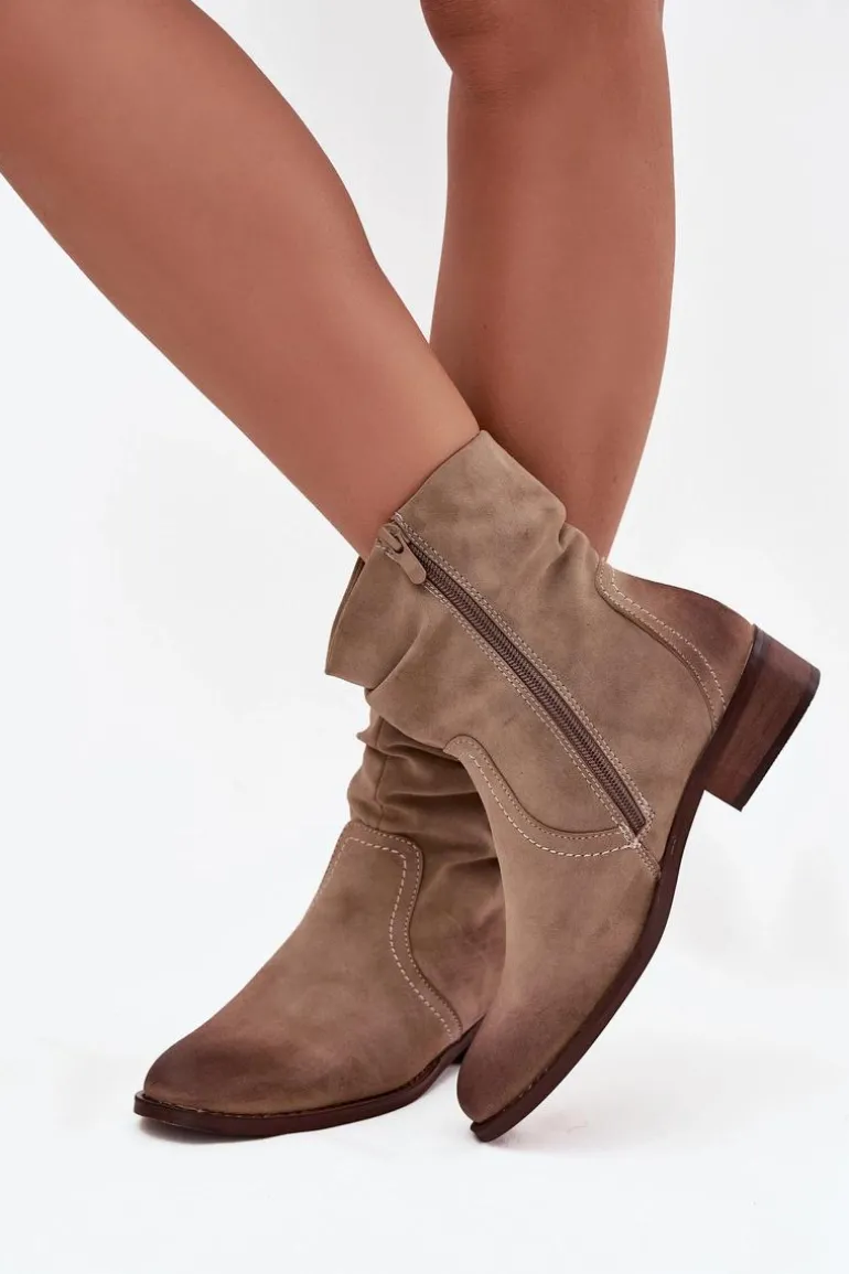 Botki Damskie Na Niskim Obcasie Z Marszczeniem Ocieplane Khaki Gracia